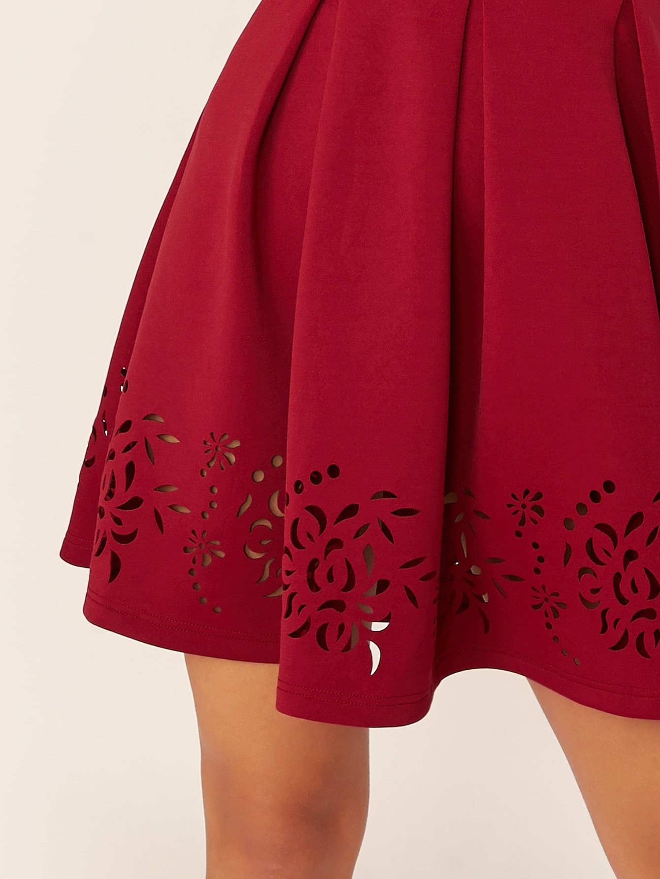 Burgundy Sleeveless Round Neck Solid Boxy Pleated Laser Cut Hem Dress