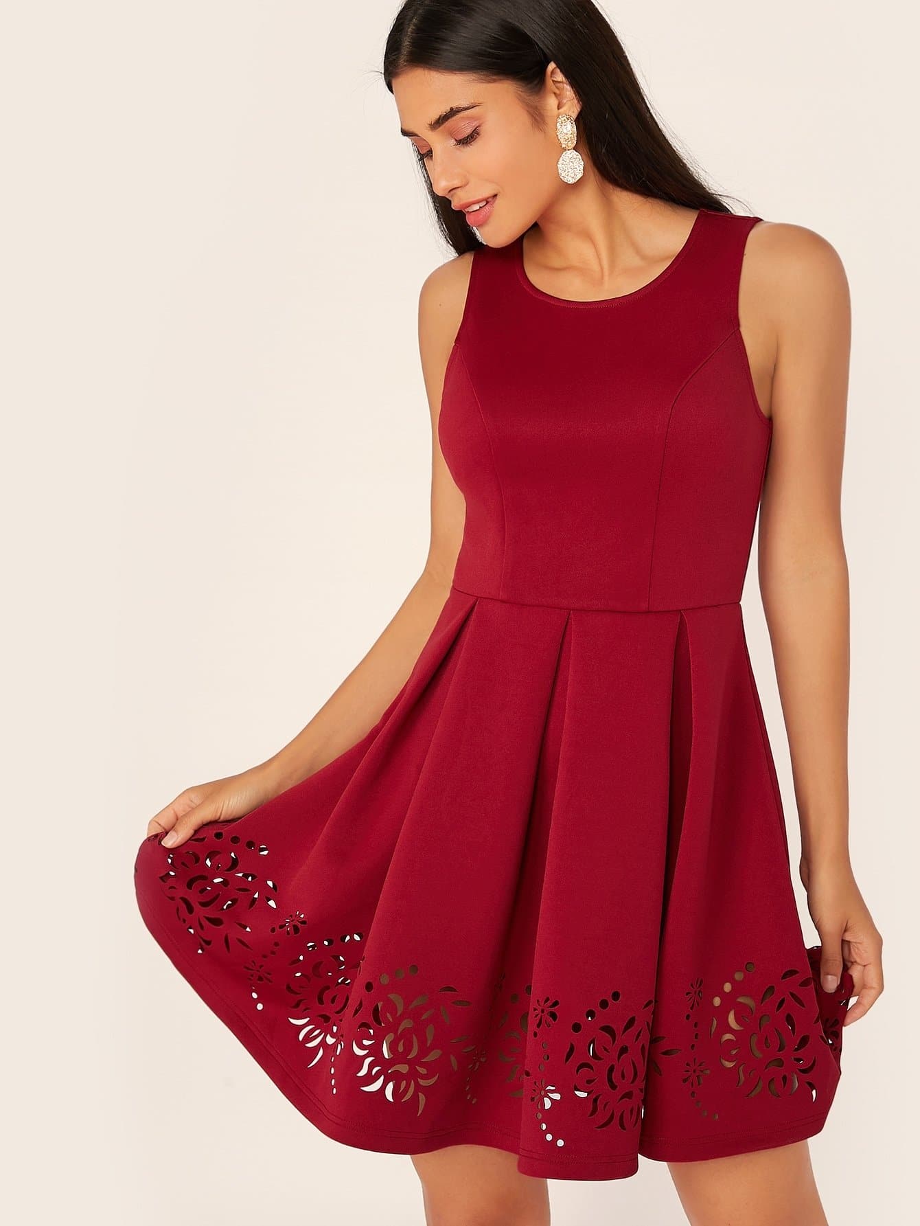 Burgundy Sleeveless Round Neck Solid Boxy Pleated Laser Cut Hem Dress