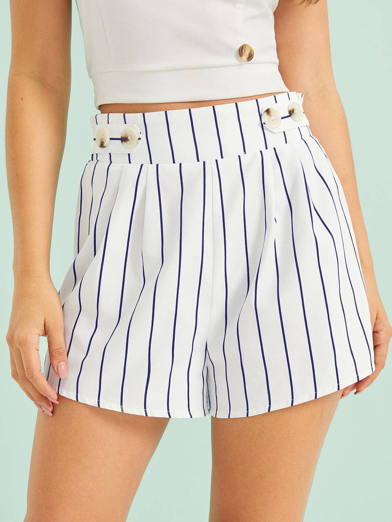 Black and White Mid Waist Buttoned Front Frill Trim Striped Shorts