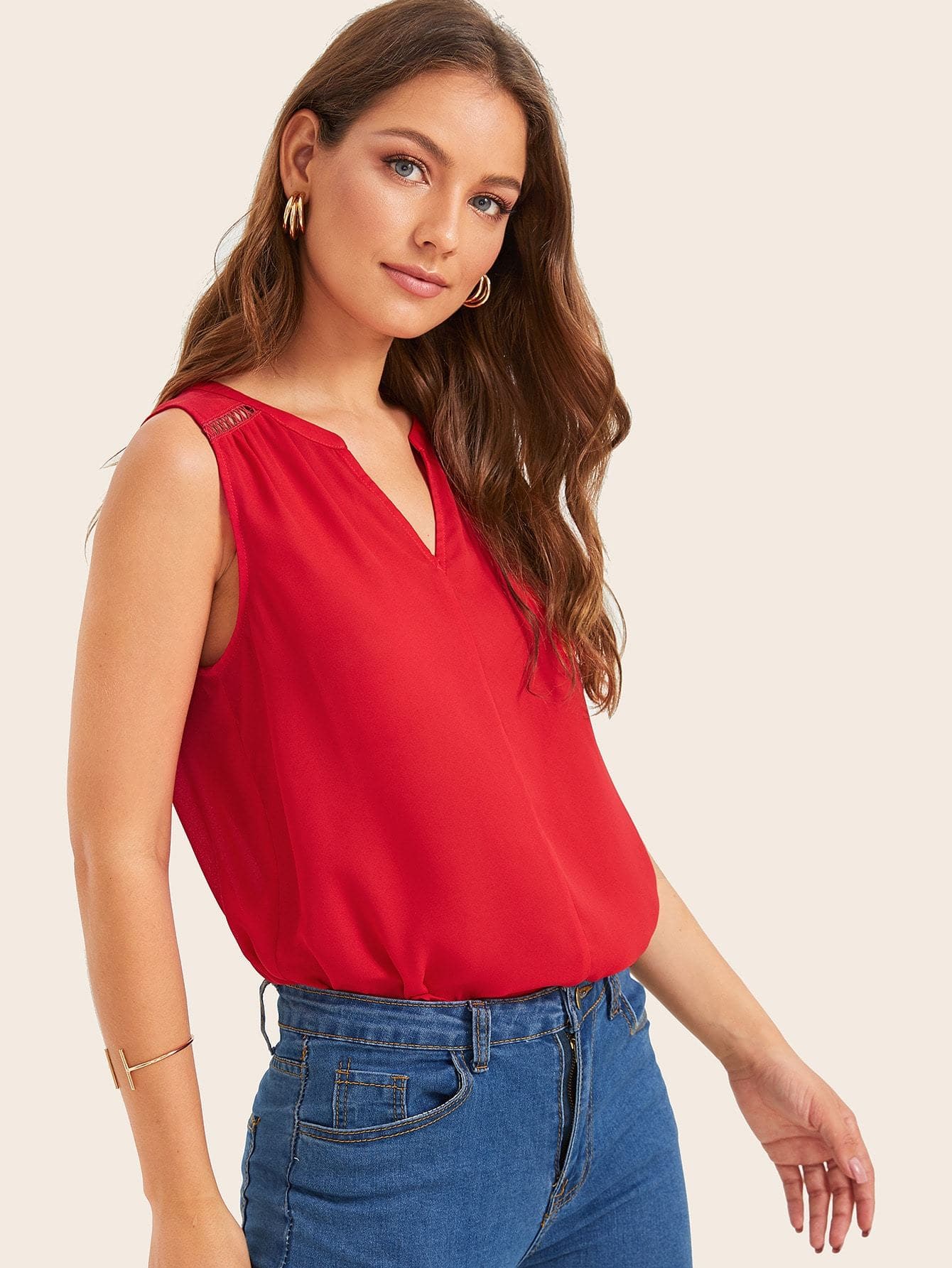 Bright Red Cotton Notched Guipure Lace Insert Shoulder Tank Top
