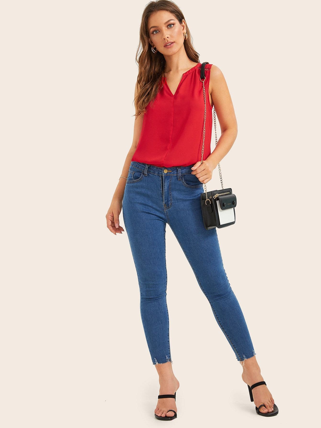 Bright Red Cotton Notched Guipure Lace Insert Shoulder Tank Top