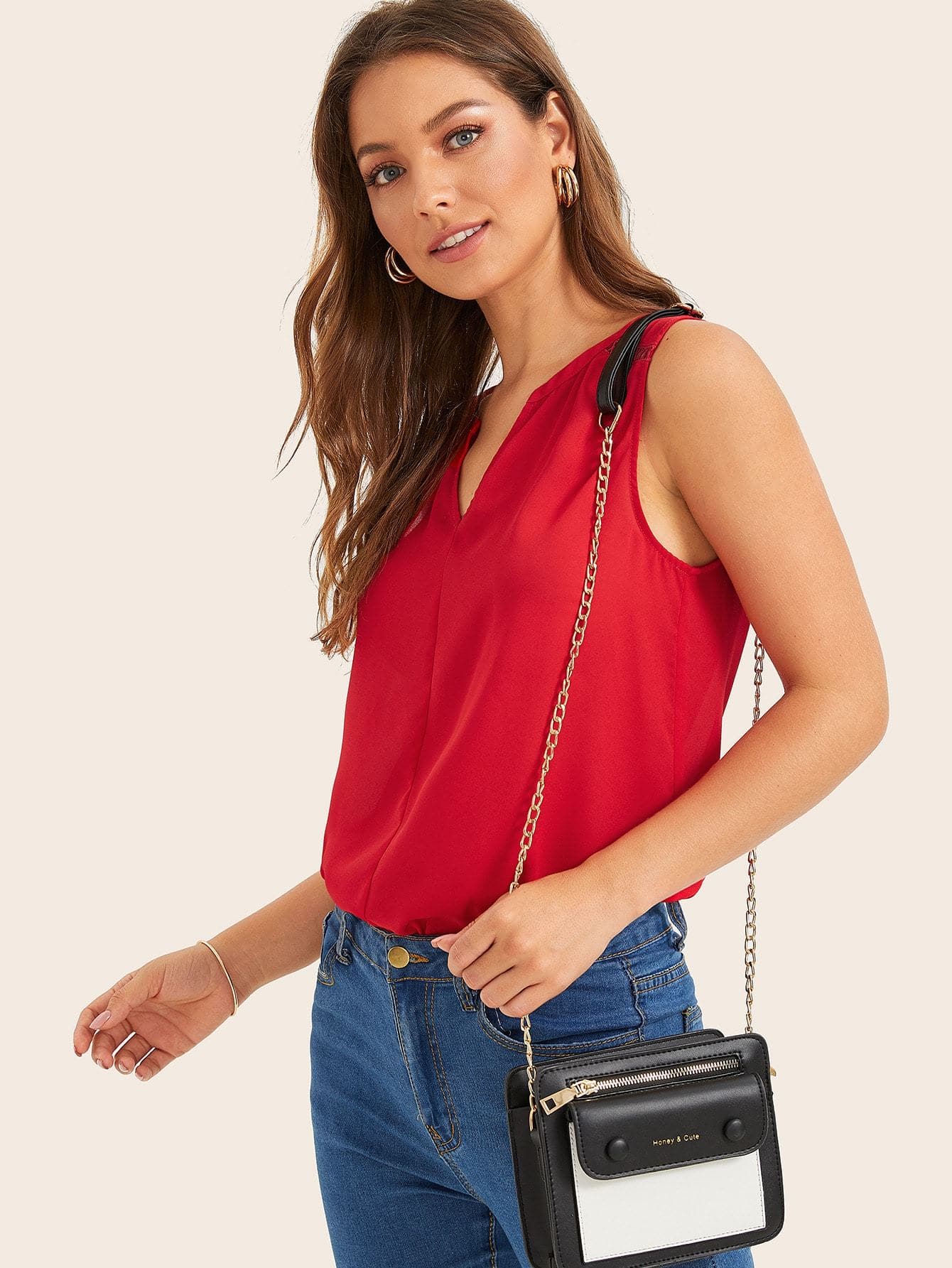 Bright Red Cotton Notched Guipure Lace Insert Shoulder Tank Top