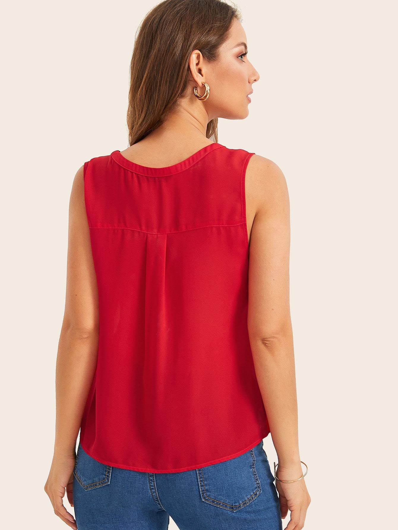 Bright Red Cotton Notched Guipure Lace Insert Shoulder Tank Top