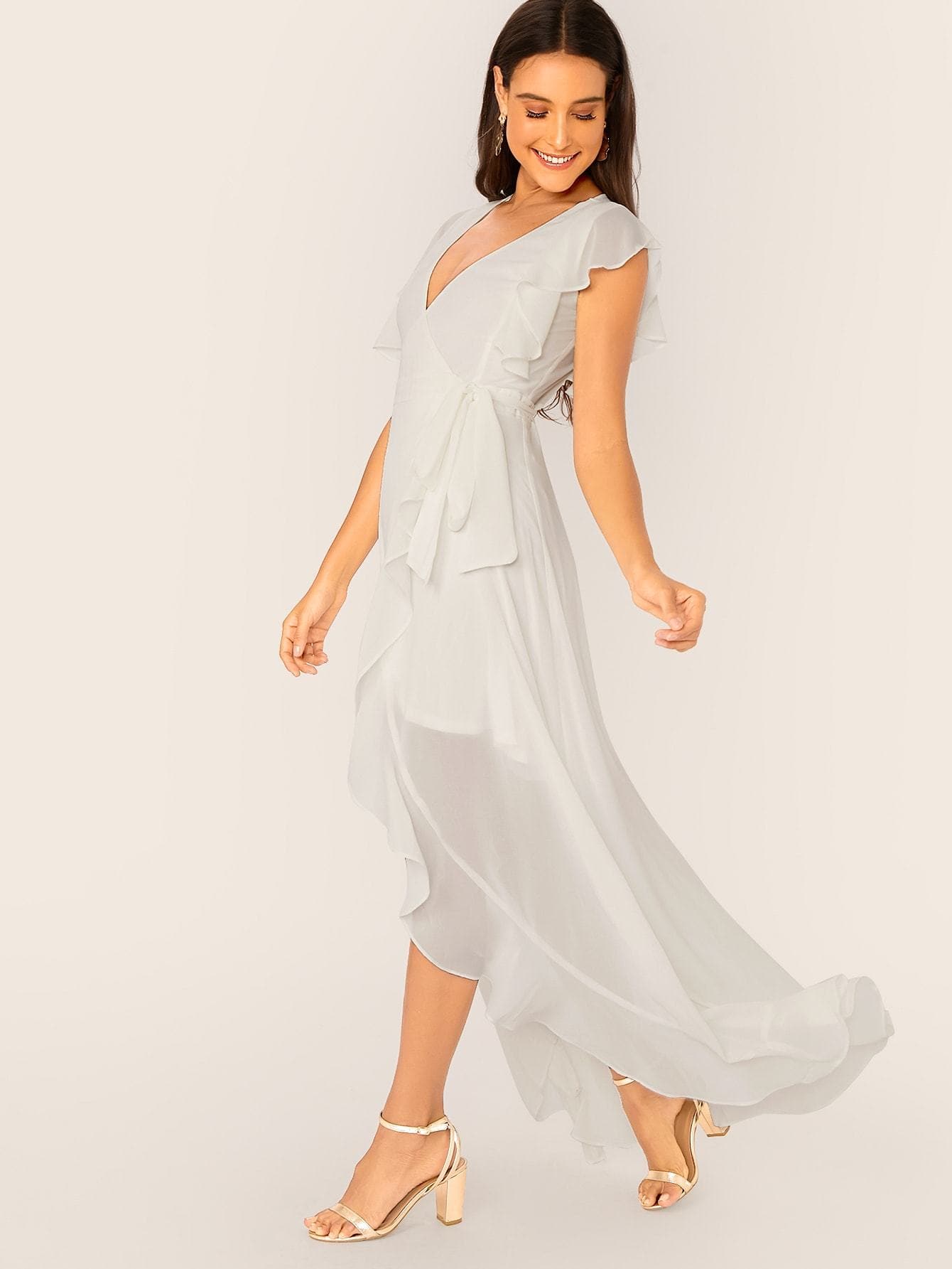 White Short Sleeve Ruffle Detail High Low V-Neck Wrap Dress