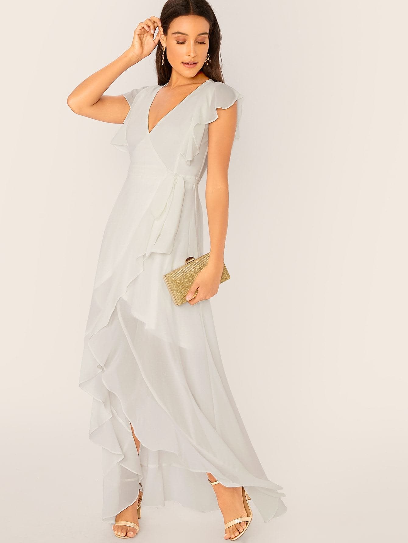 White Short Sleeve Ruffle Detail High Low V-Neck Wrap Dress