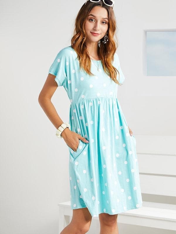 Short Sleeve Round Neck Polka-dot Print Slant Pocket Dress