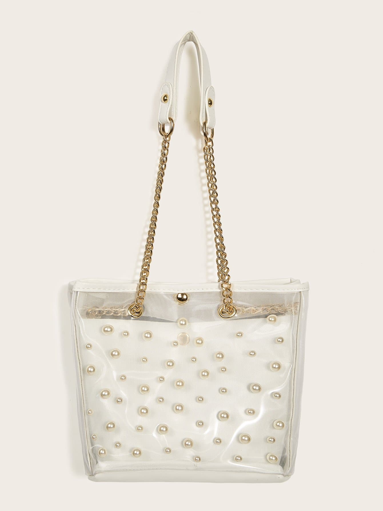 Faux Pearl Decor Clear Bag With Inner Pouch