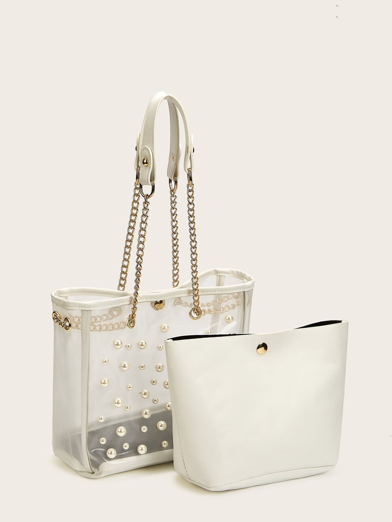 Faux Pearl Decor Clear Bag With Inner Pouch