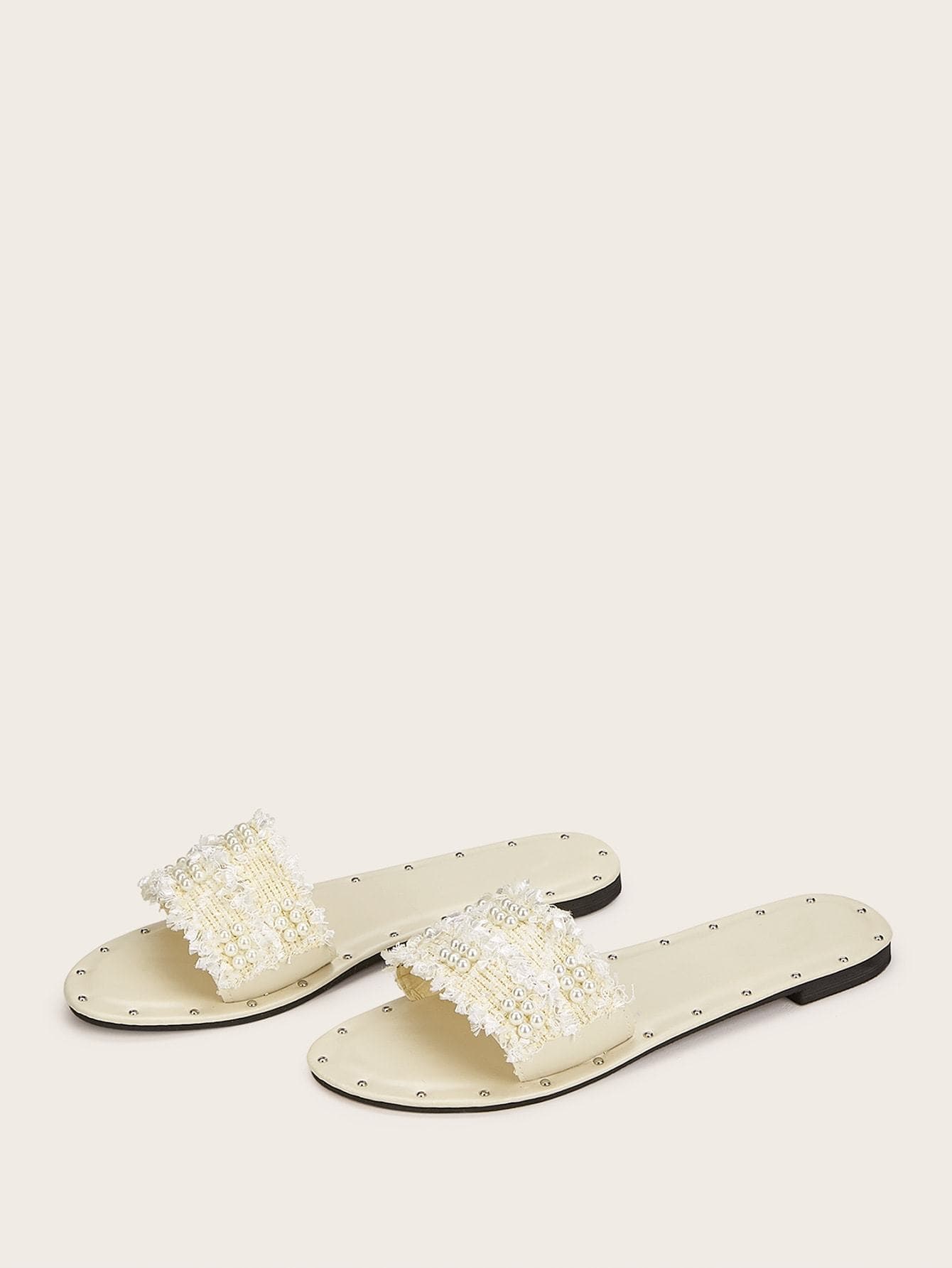 Beige Faux Pearl Decor Open Toe Flat Sliders Slippers