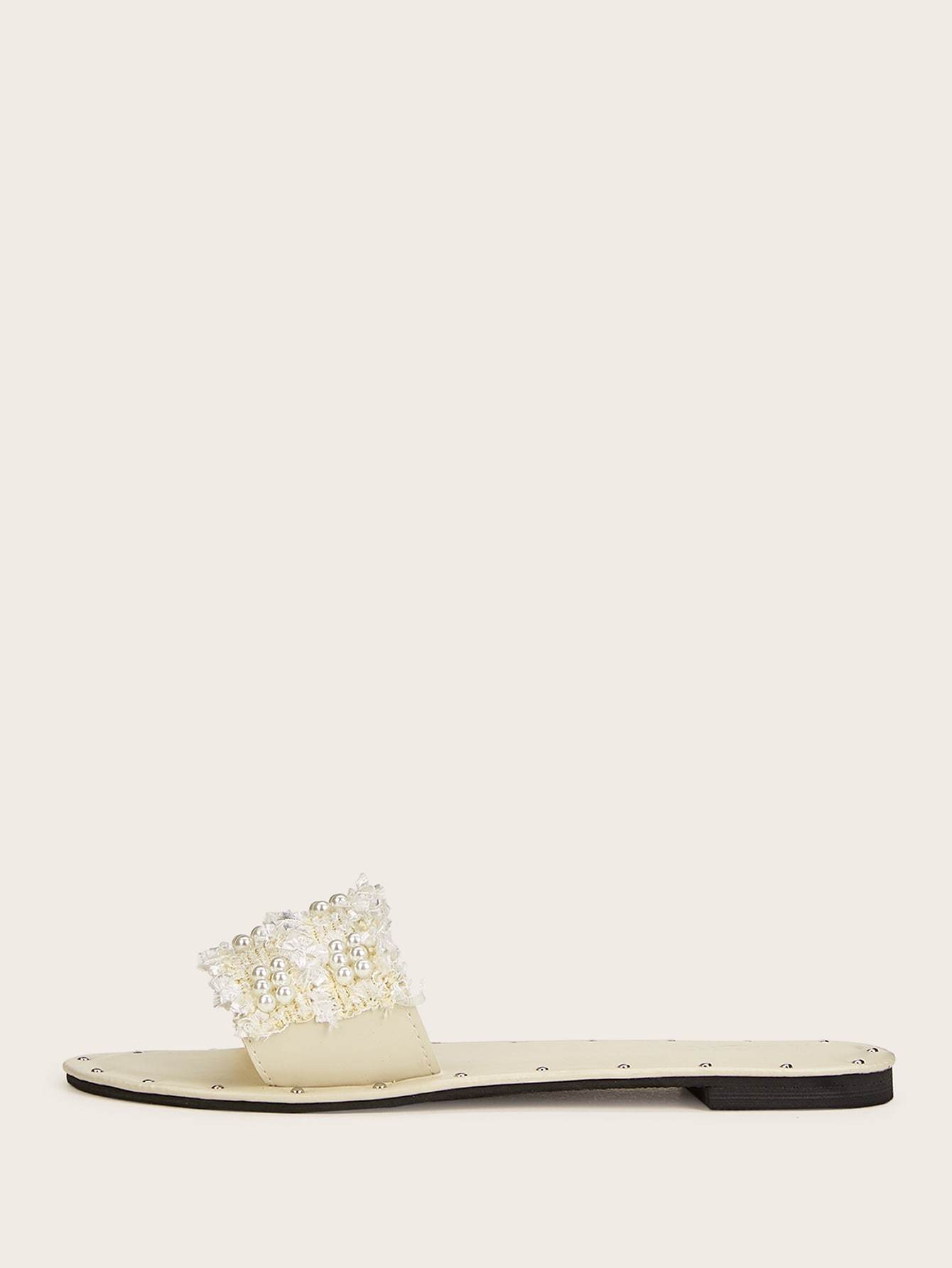 Beige Faux Pearl Decor Open Toe Flat Sliders Slippers