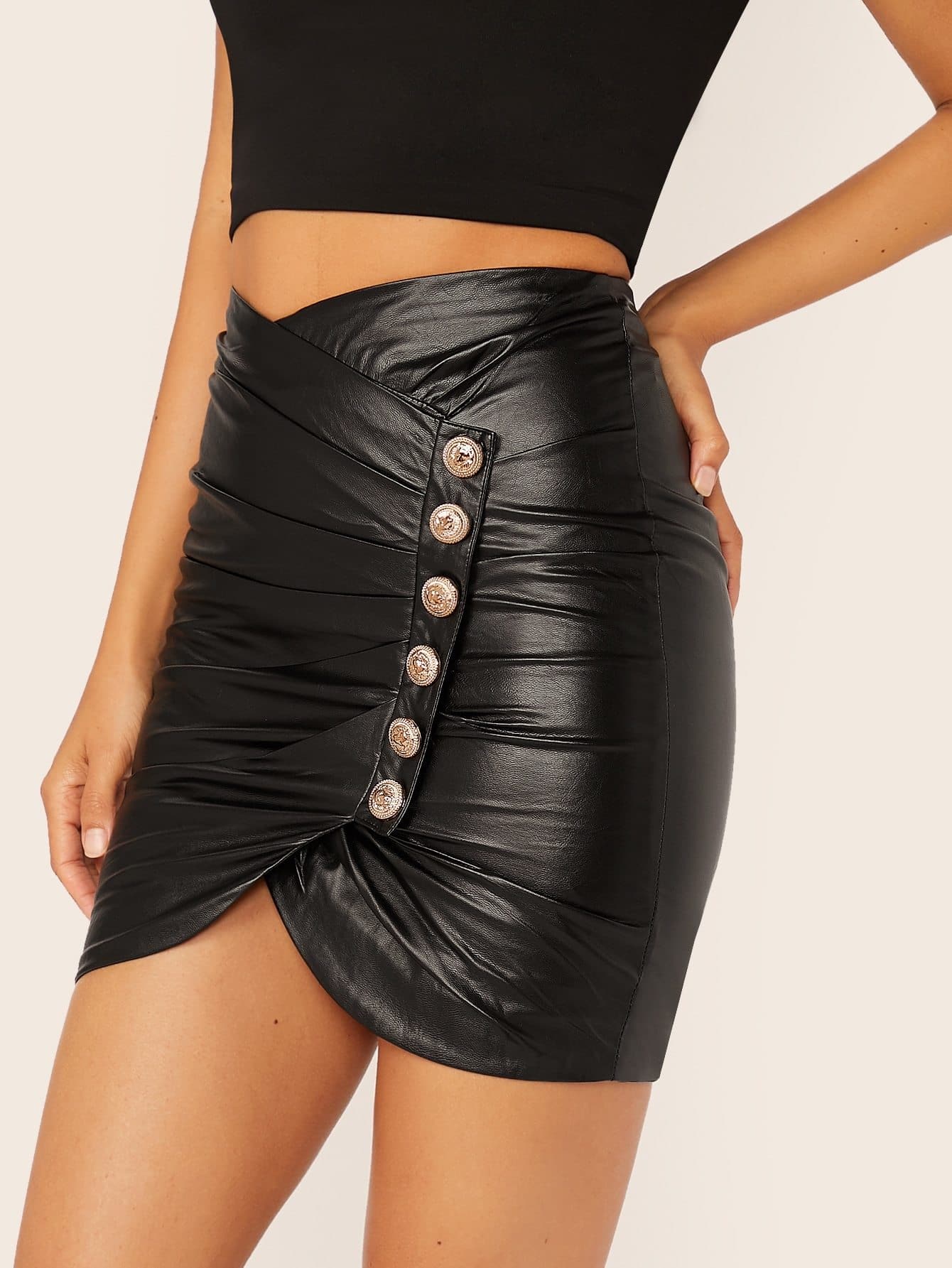 Black Wrap High Wasit Faux Leather Pleated Button Detail Mini Skirt