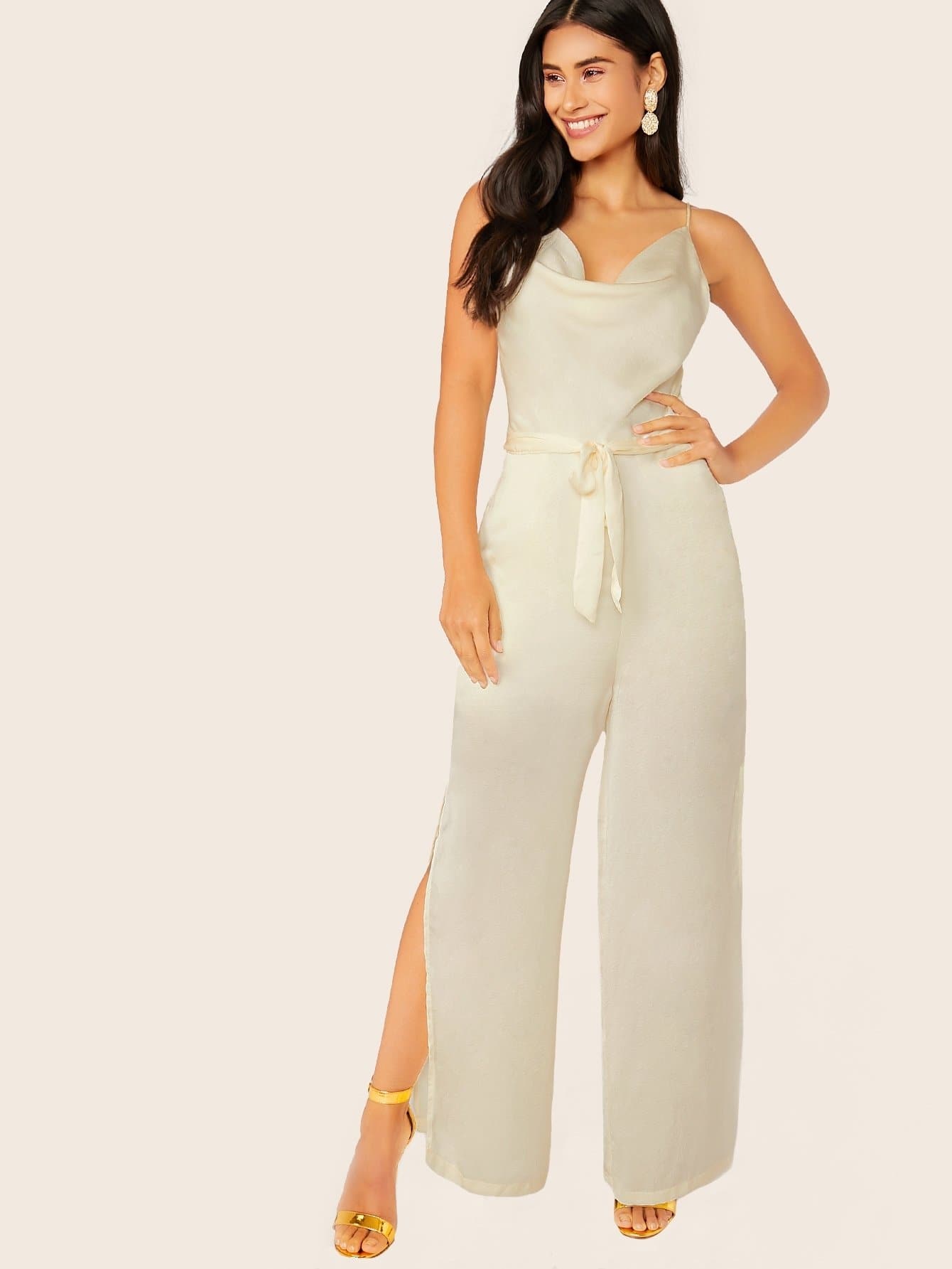 White Sleeveless Cowl Neck Spaghetti Strap Satin Waist Tie Jumpsuit
