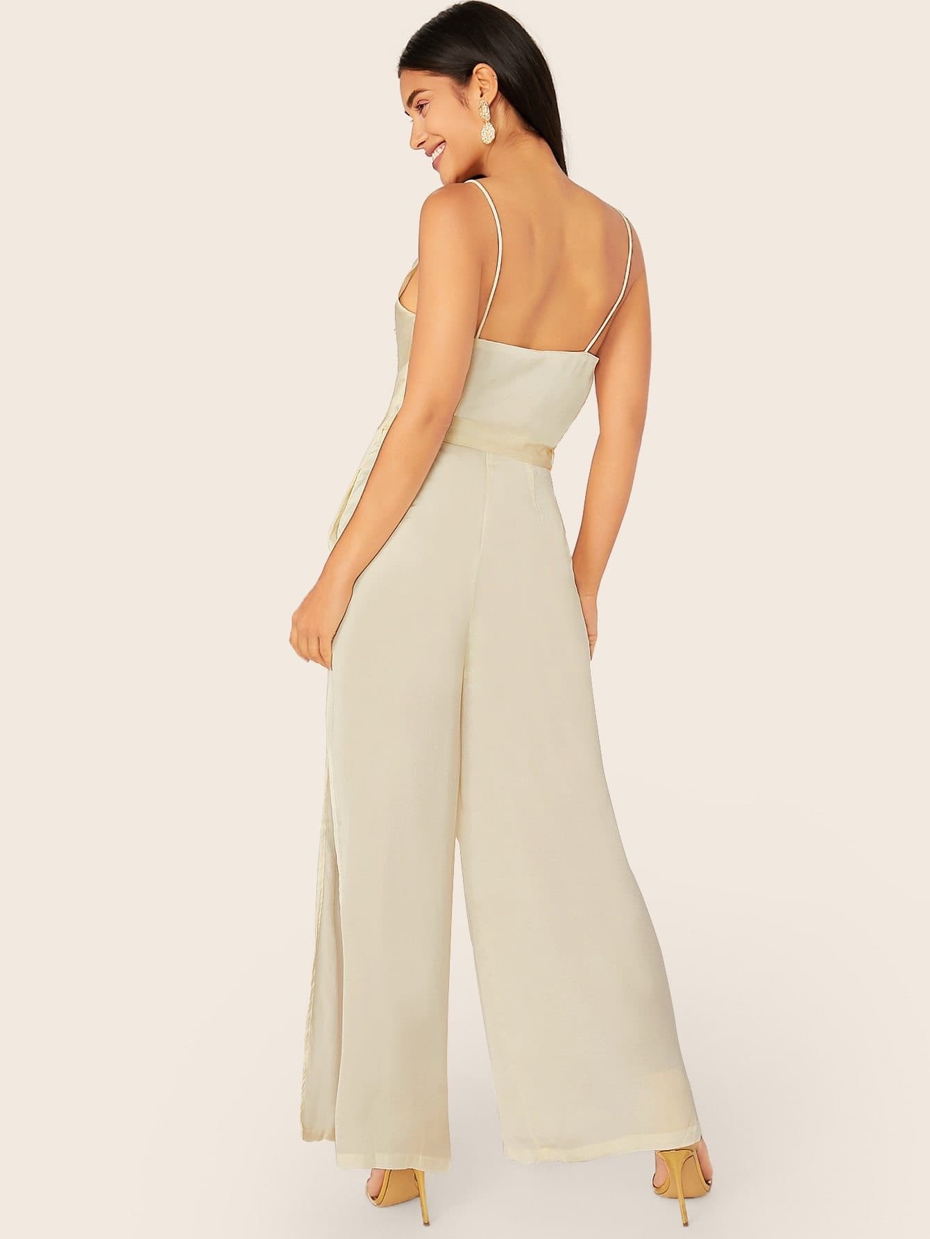 White Sleeveless Cowl Neck Spaghetti Strap Satin Waist Tie Jumpsuit