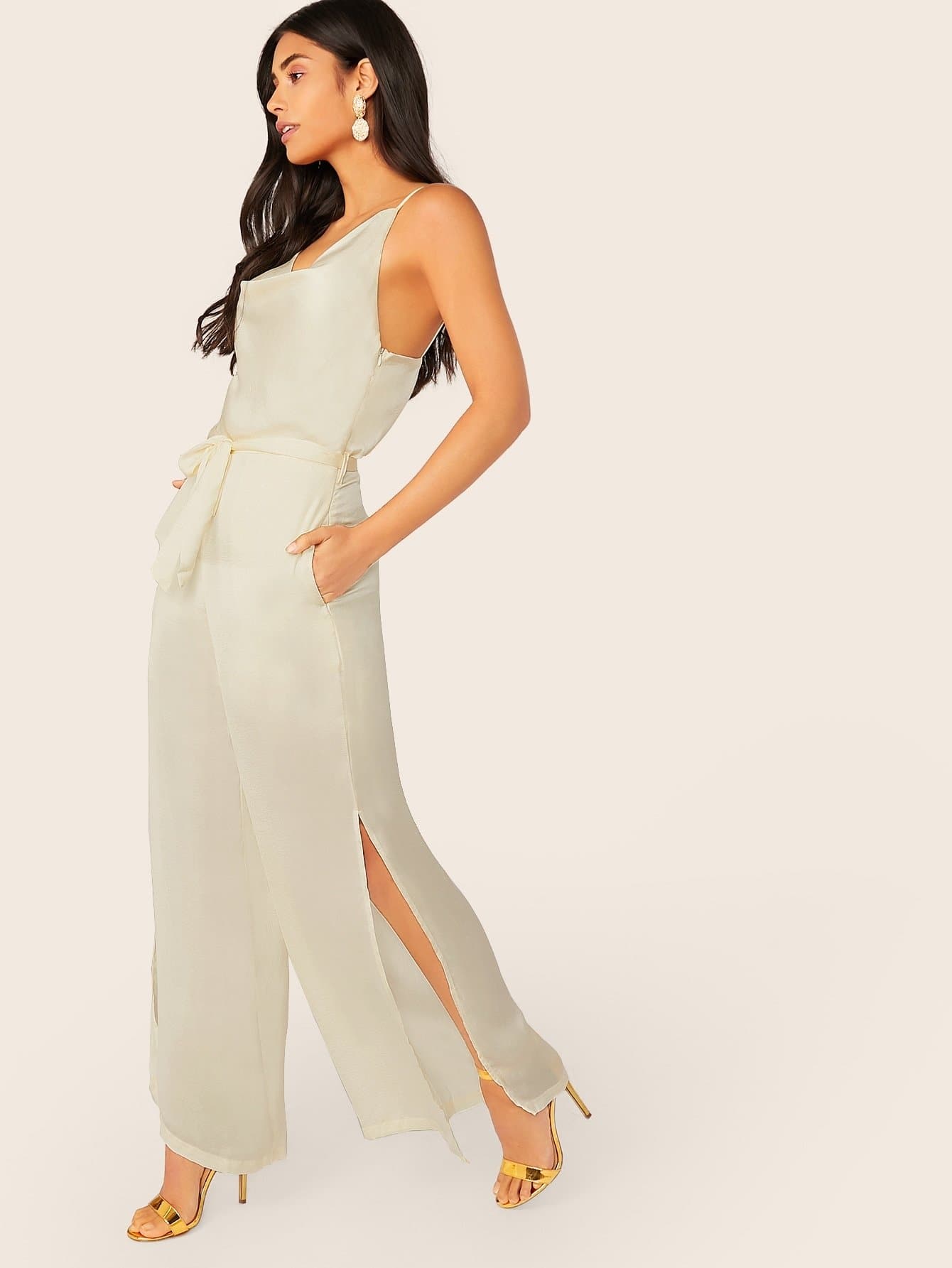 White Sleeveless Cowl Neck Spaghetti Strap Satin Waist Tie Jumpsuit