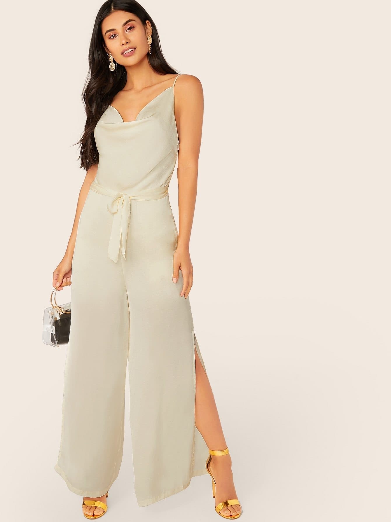 White Sleeveless Cowl Neck Spaghetti Strap Satin Waist Tie Jumpsuit
