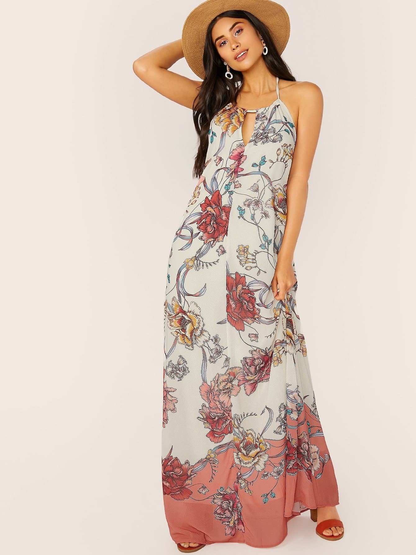 Cut Out Keyhole Halter Neck Sleeveless Floral Maxi Dress