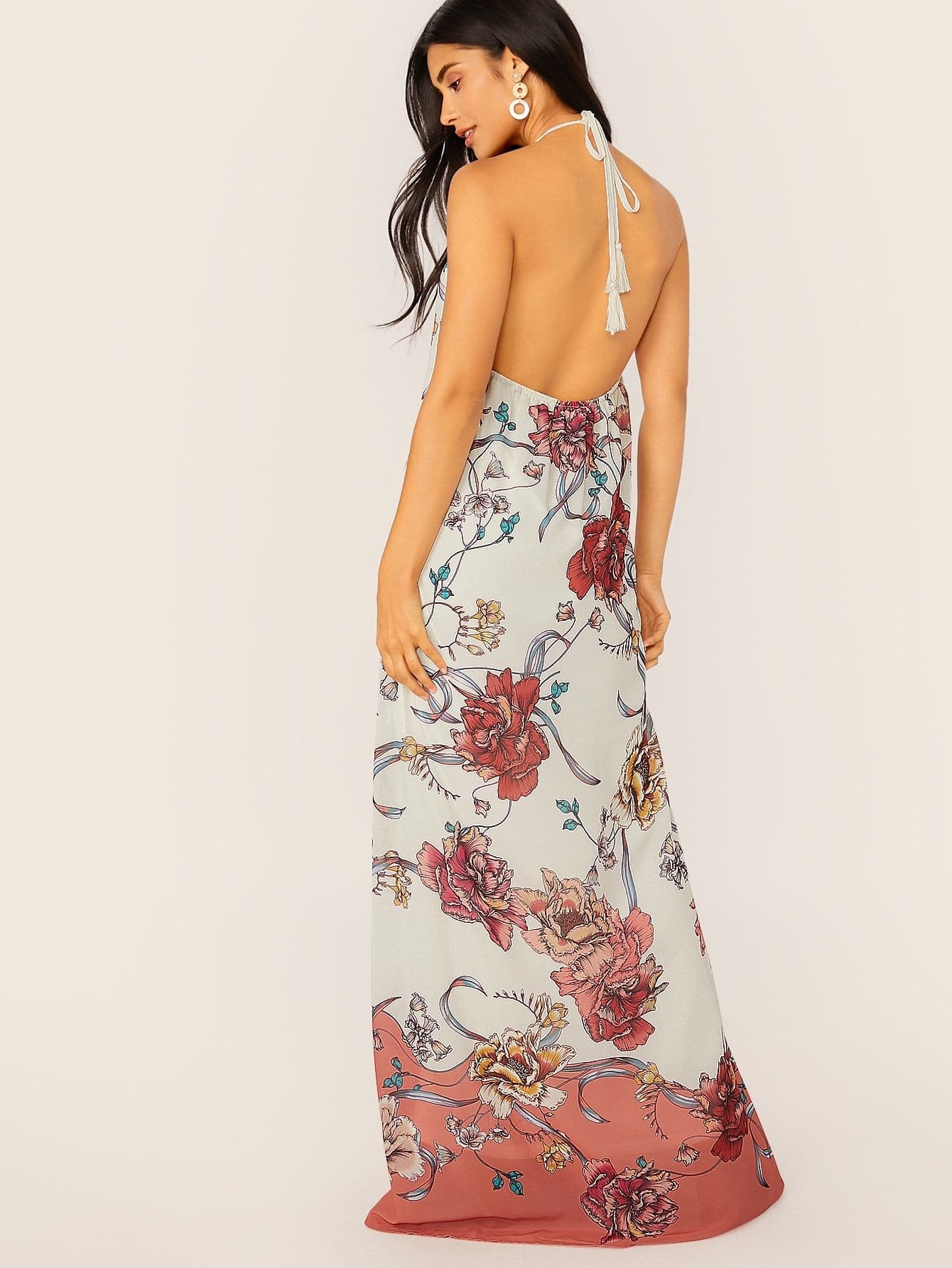 Cut Out Keyhole Halter Neck Sleeveless Floral Maxi Dress