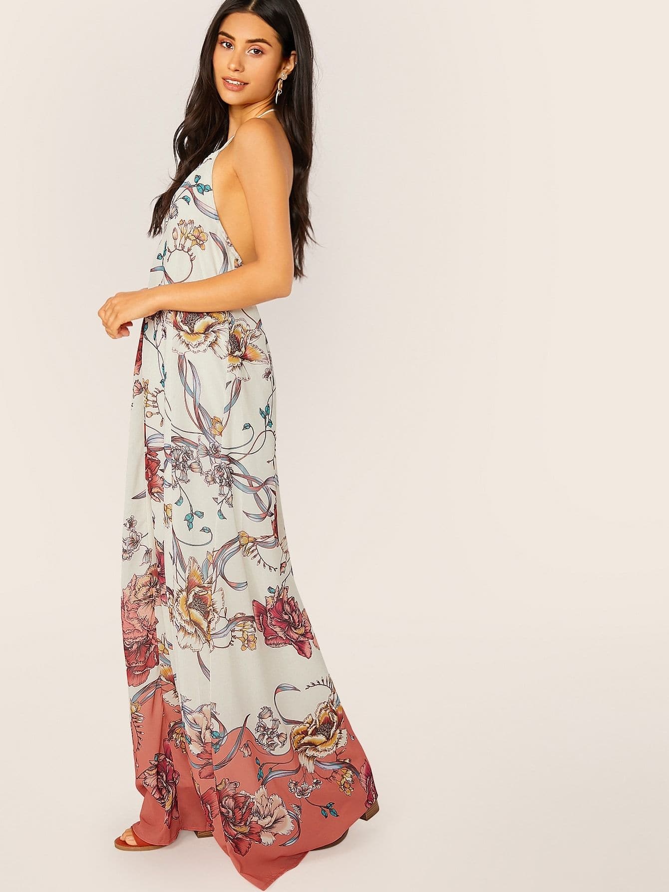 Cut Out Keyhole Halter Neck Sleeveless Floral Maxi Dress