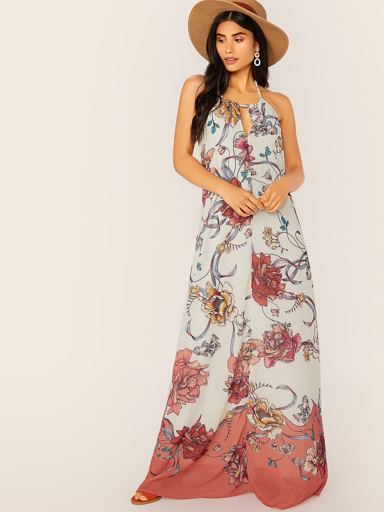 Cut Out Keyhole Halter Neck Sleeveless Floral Maxi Dress