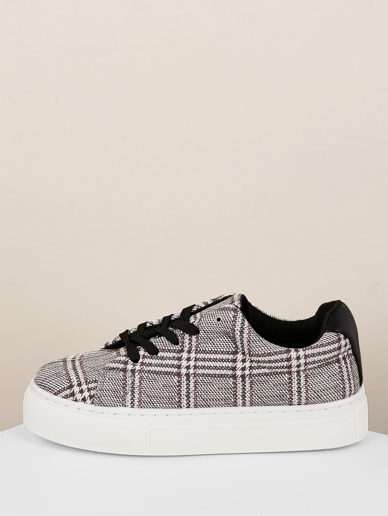 Almond Toe Lace Front Houndstooth Flatform Trainer Sneakers