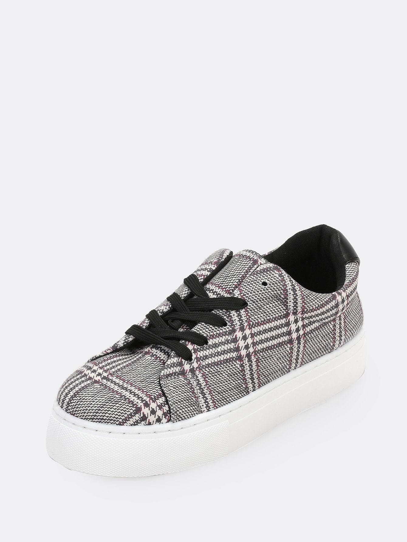 Almond Toe Lace Front Houndstooth Flatform Trainer Sneakers