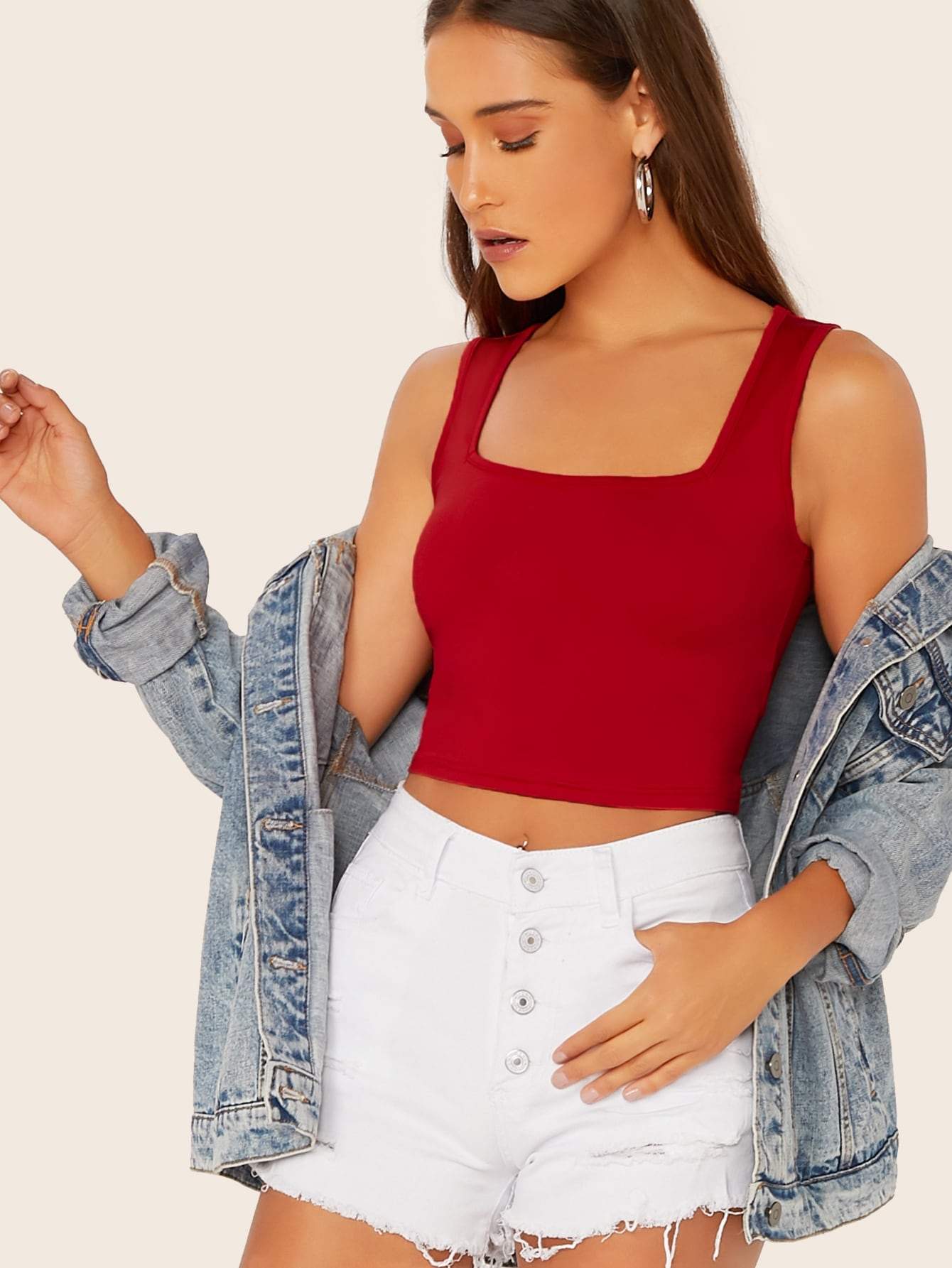Slim Fit Square Neck Solid Tank Top