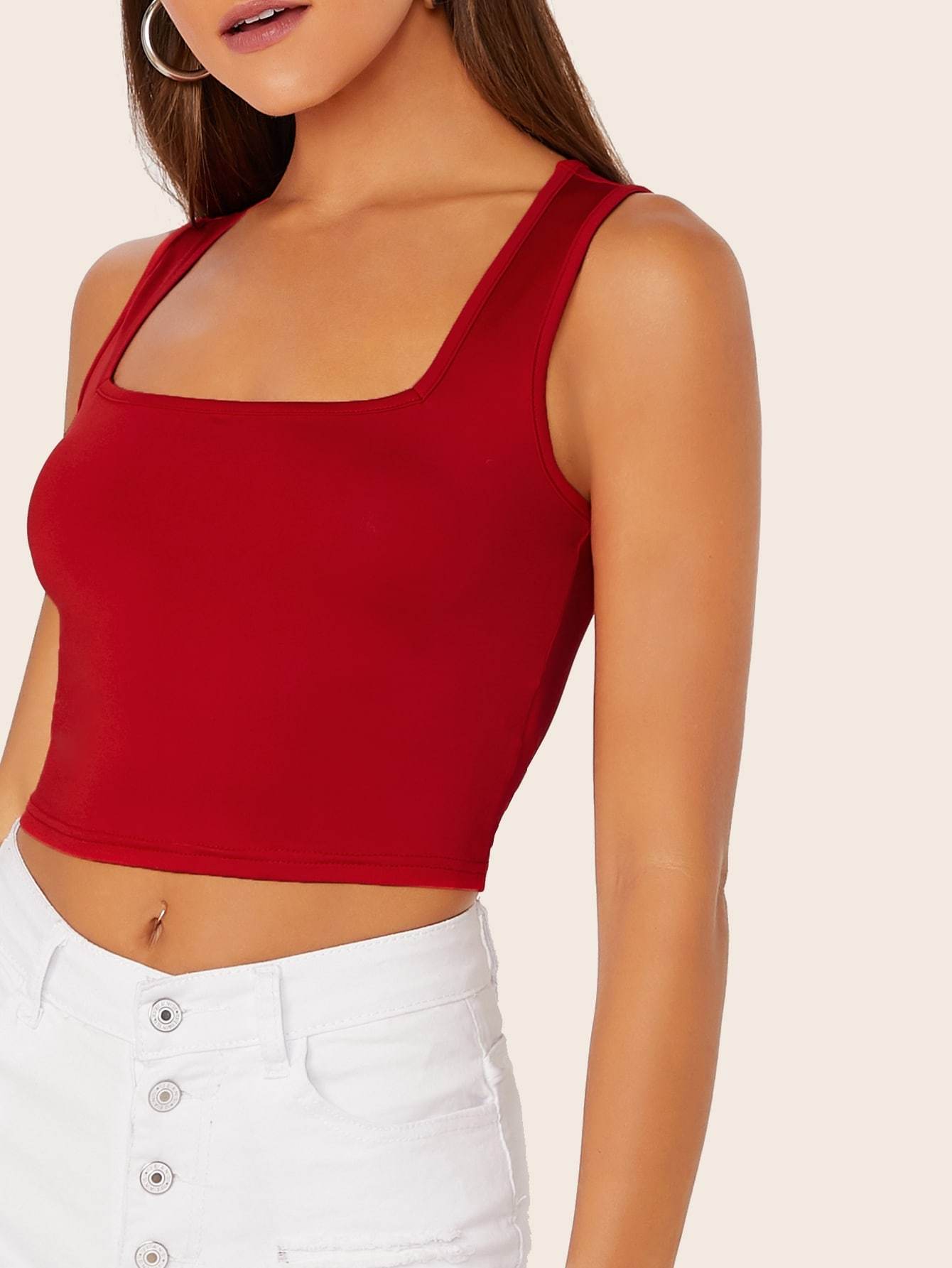 Slim Fit Square Neck Solid Tank Top