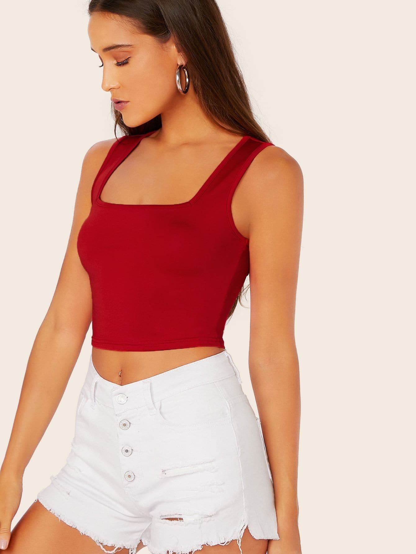 Slim Fit Square Neck Solid Tank Top