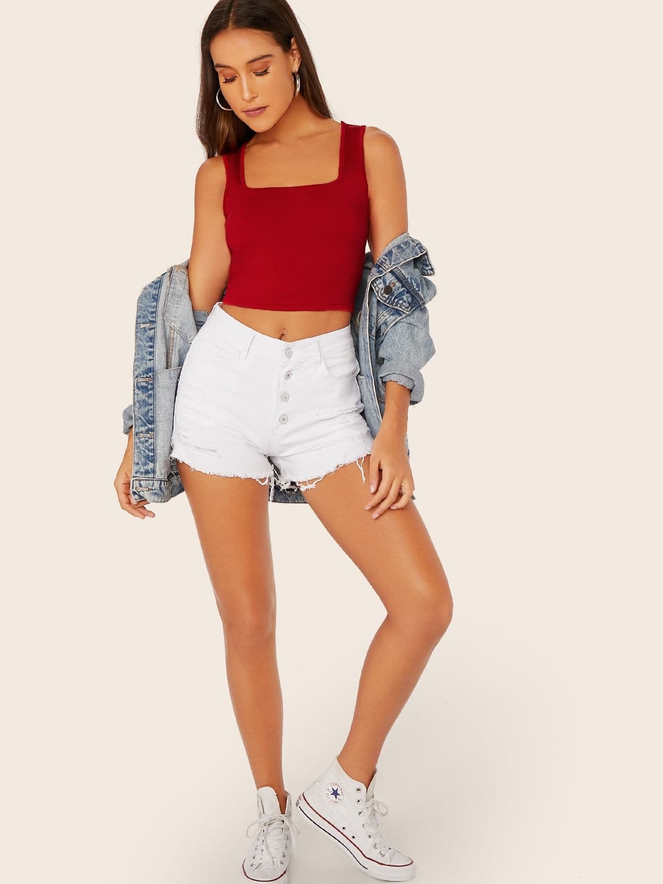 Slim Fit Square Neck Solid Tank Top