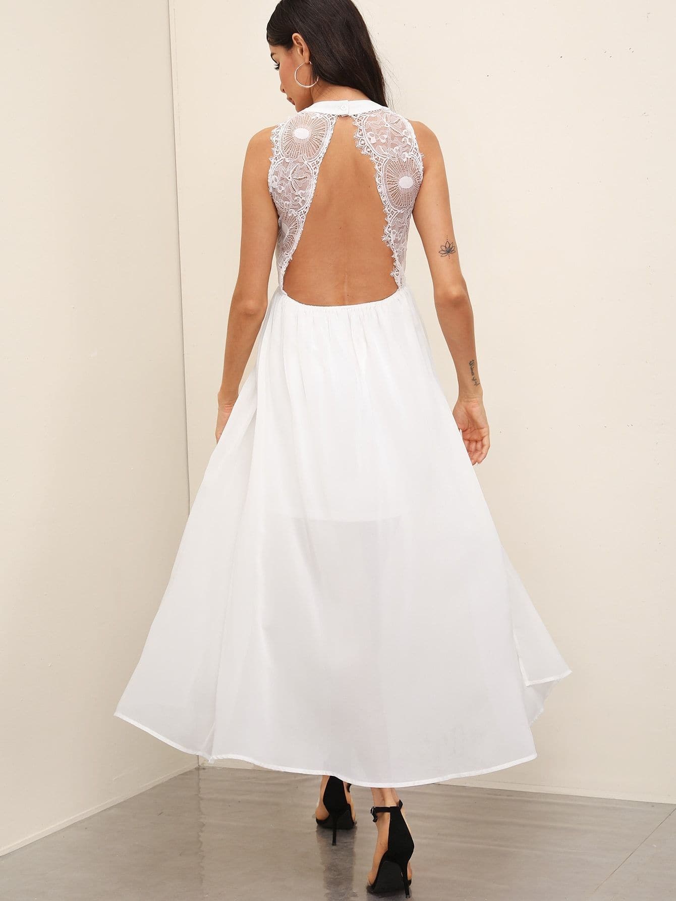 White Sleeveless Cut-out Front Lace Trim Backless Halter Neck Dress