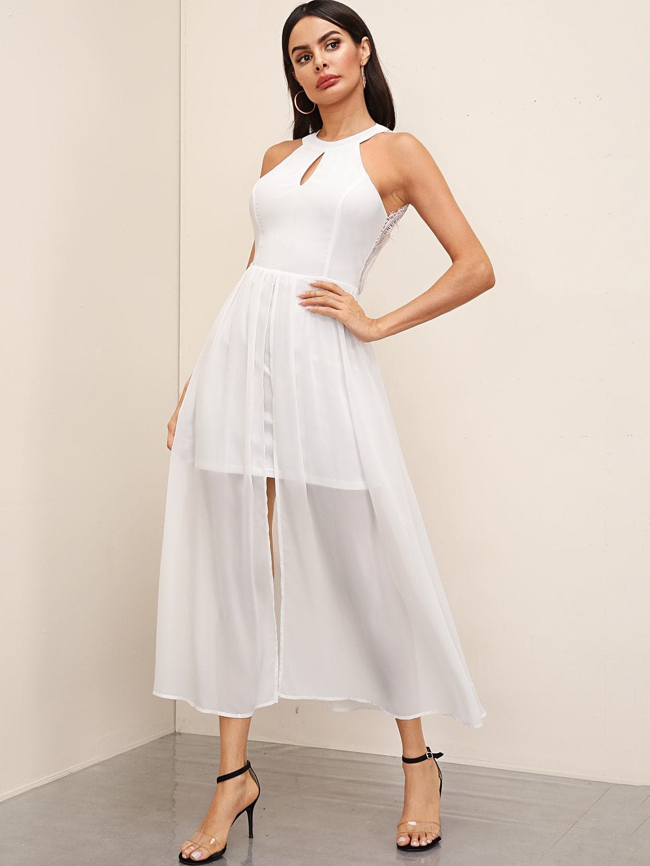 White Sleeveless Cut-out Front Lace Trim Backless Halter Neck Dress