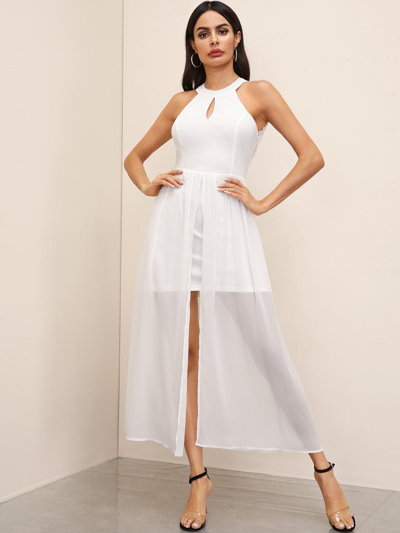 White Sleeveless Cut-out Front Lace Trim Backless Halter Neck Dress