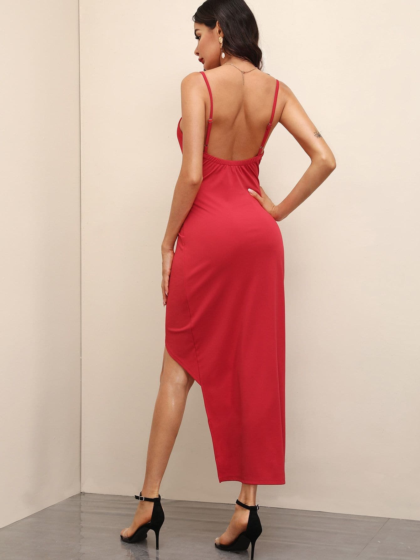Bright Red Spaghetti Strap Sleeveless Solid Asymmetrical Hem Twist Backless Slip Dress