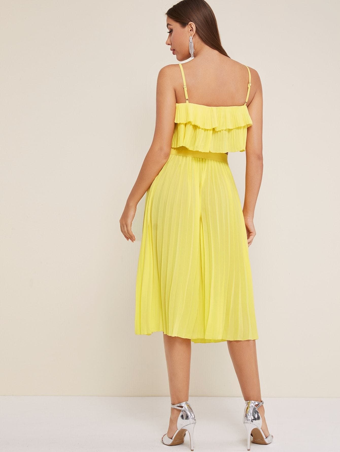 Pastel Yellow Spaghetti Strap Sleeveless Pleated Tired Layer Pleated Cami Top With Skirt