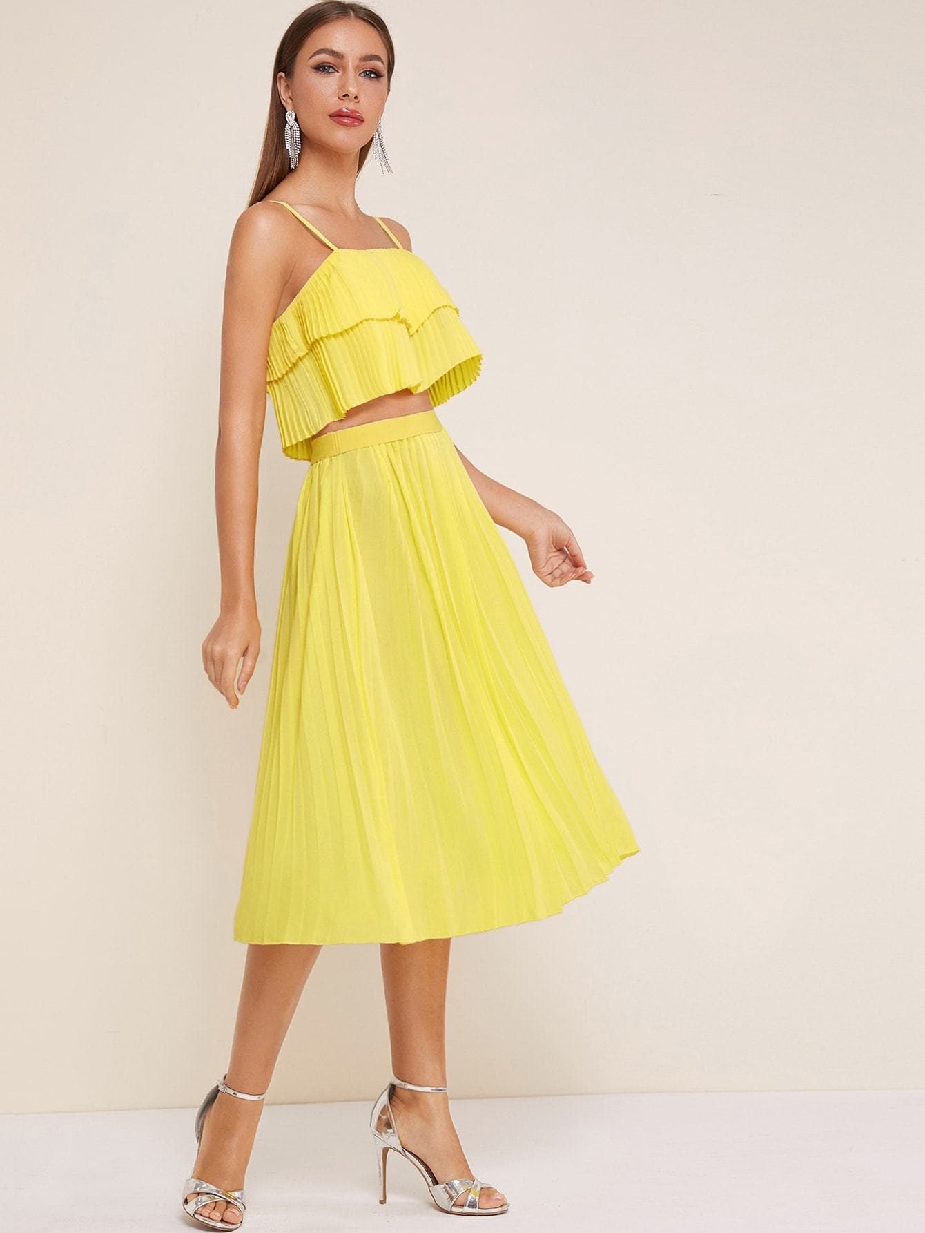 Pastel Yellow Spaghetti Strap Sleeveless Pleated Tired Layer Pleated Cami Top With Skirt