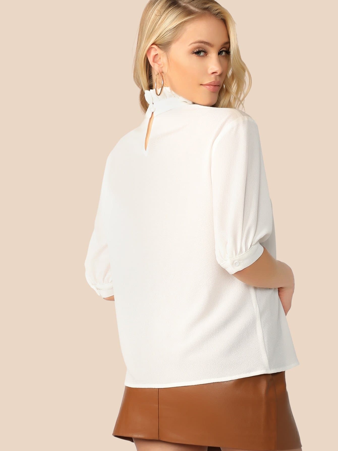 White Half Sleeve Stand Collar Frill Neck Button Front Top