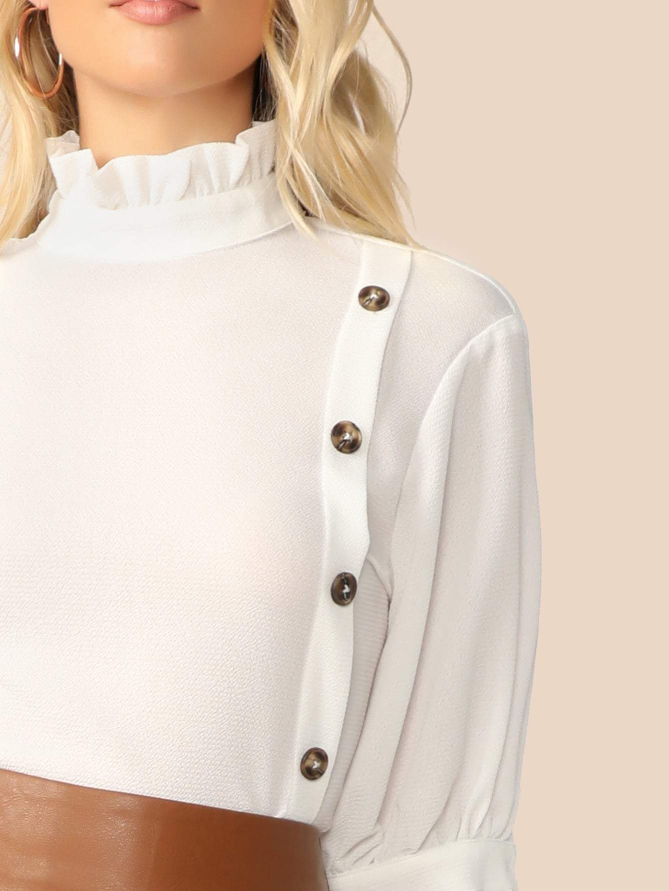 White Half Sleeve Stand Collar Frill Neck Button Front Top