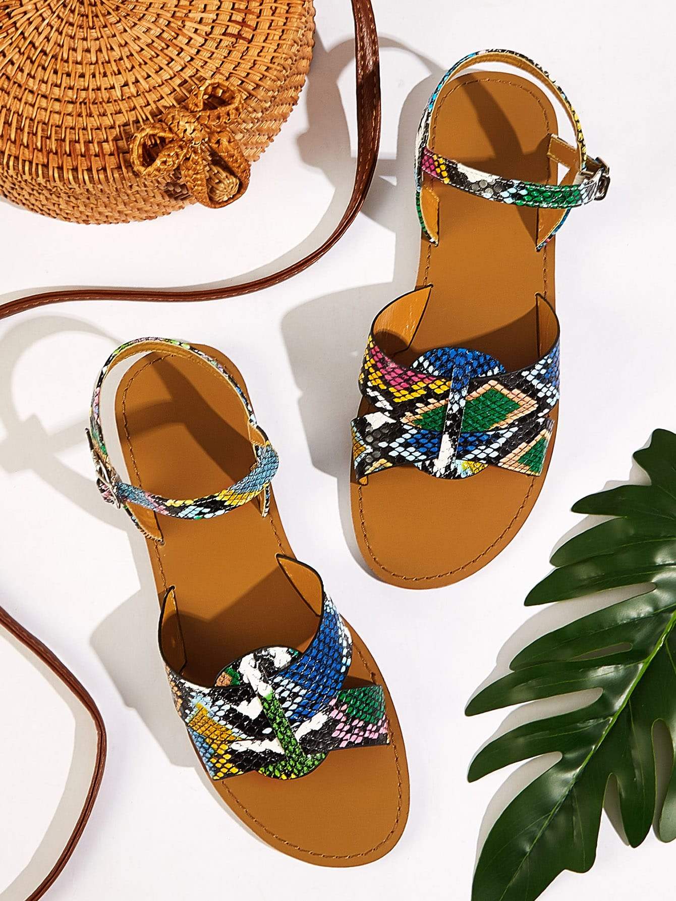 Ankle Strap Open Toe Snakeskin Print Slingback Flat Sandals