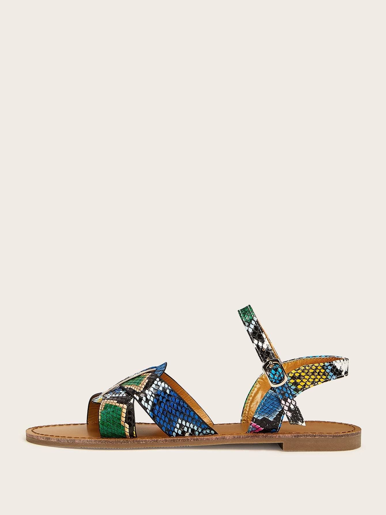 Ankle Strap Open Toe Snakeskin Print Slingback Flat Sandals