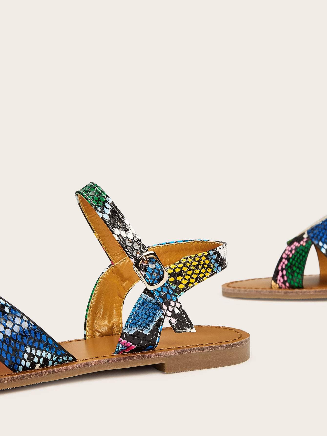 Ankle Strap Open Toe Snakeskin Print Slingback Flat Sandals