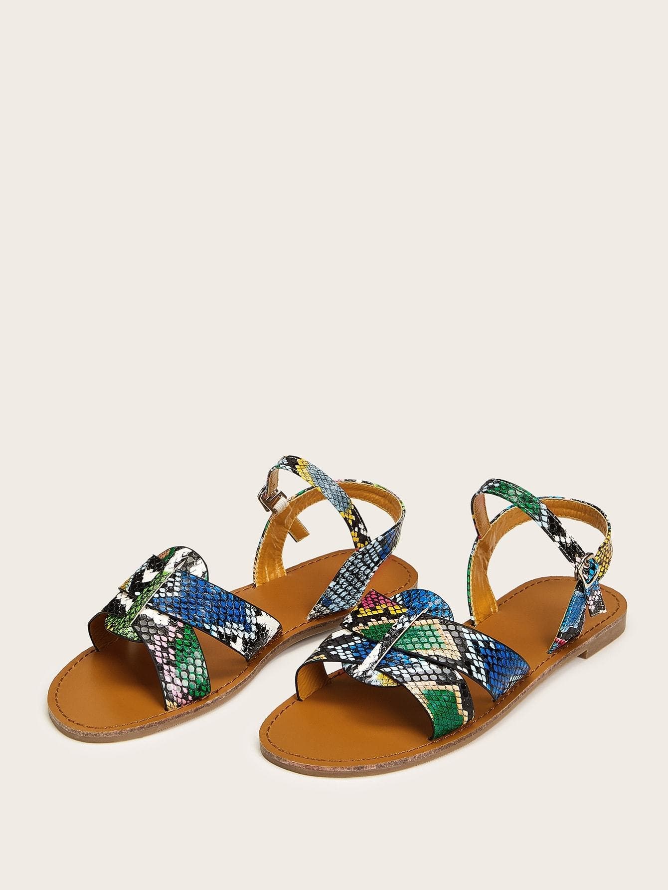 Ankle Strap Open Toe Snakeskin Print Slingback Flat Sandals