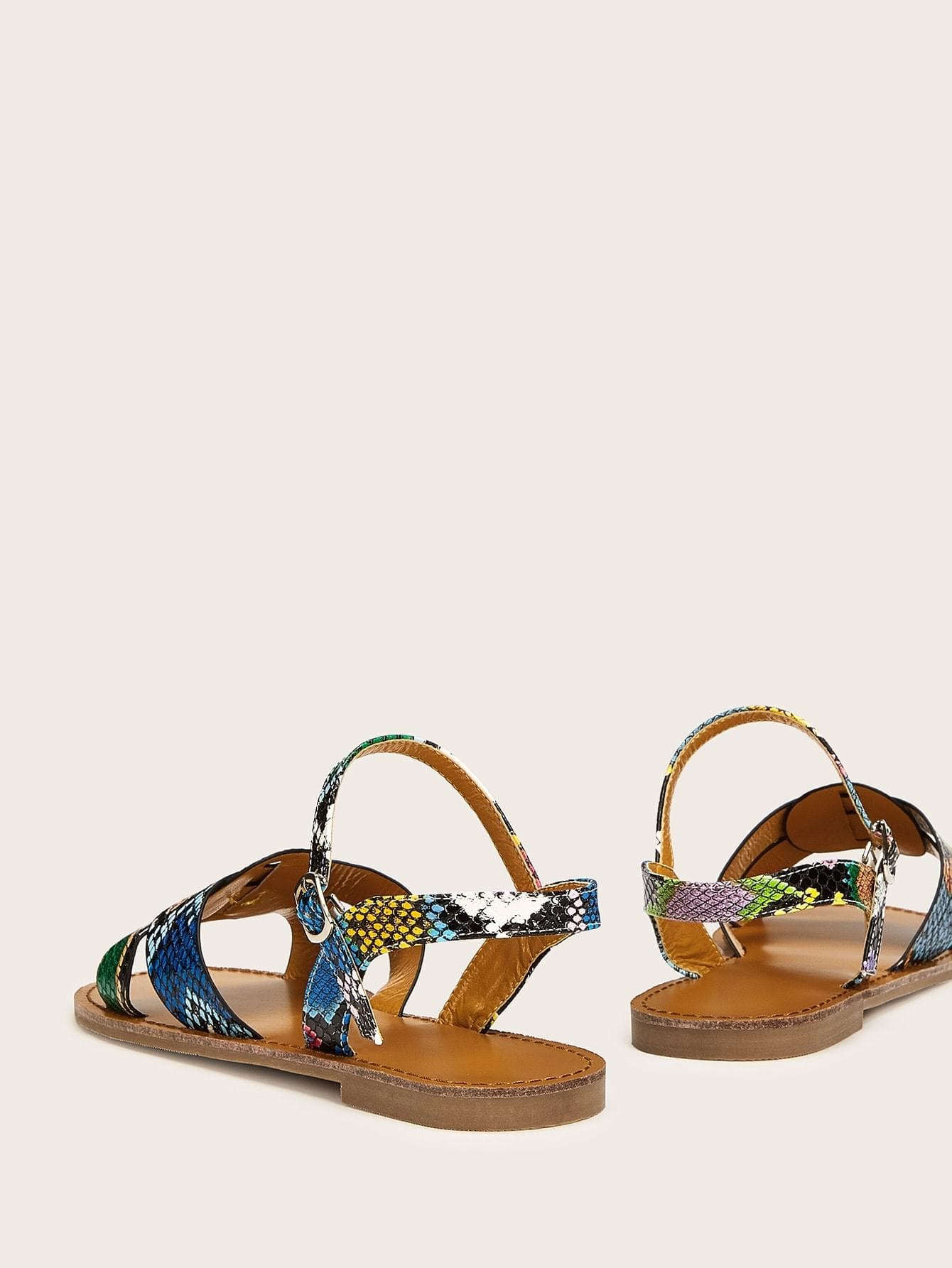 Ankle Strap Open Toe Snakeskin Print Slingback Flat Sandals