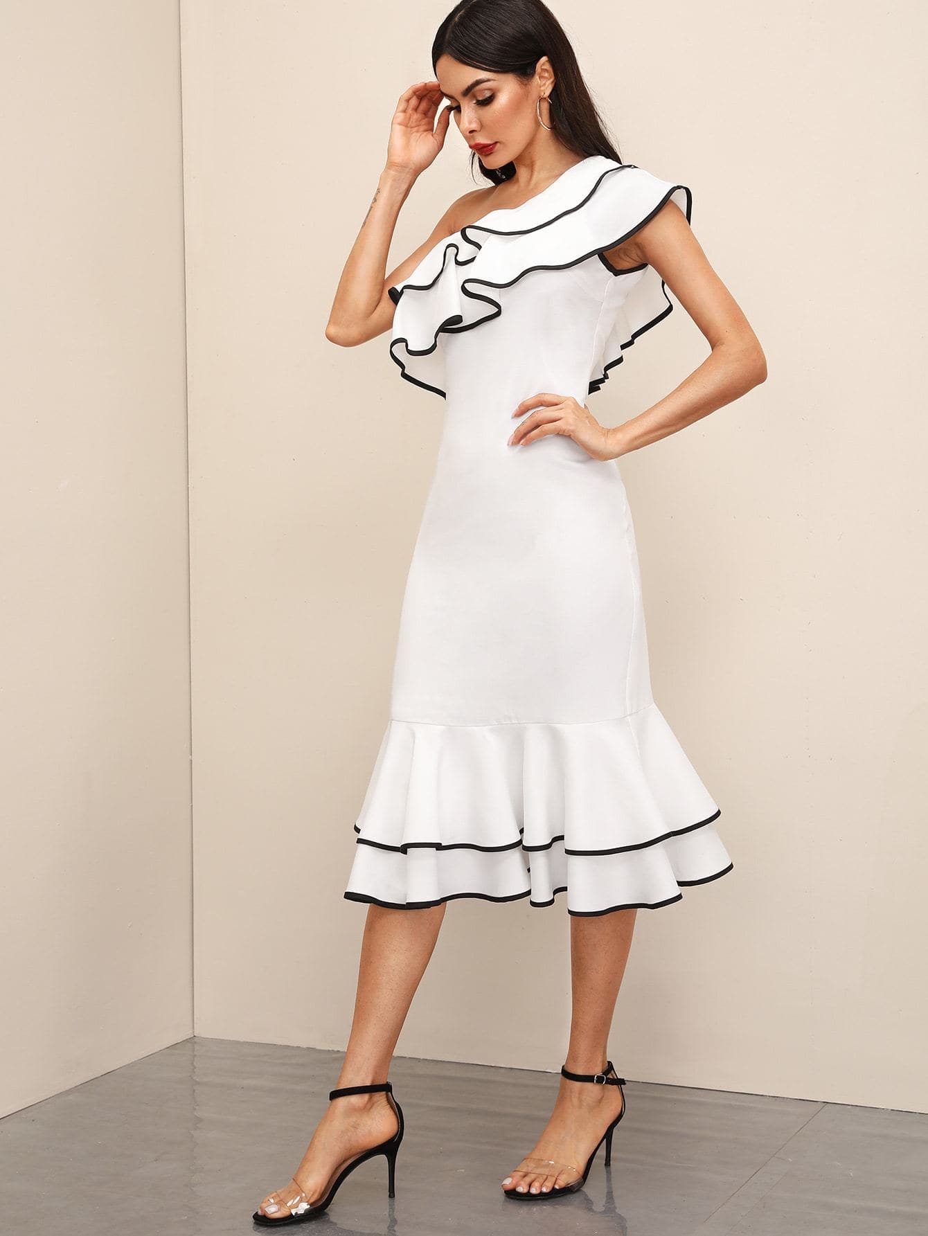 White One Shoulder Cap Sleeve Asymmetrical Neck Ruffle Layered Hem Dress