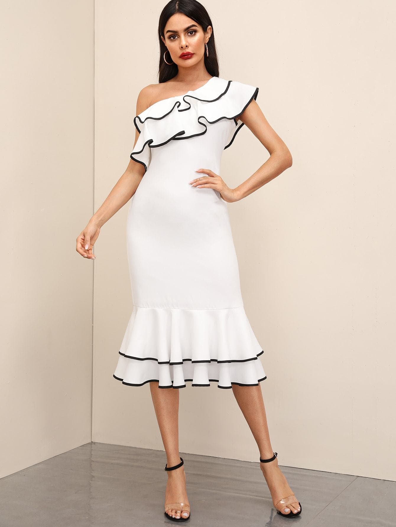 White One Shoulder Cap Sleeve Asymmetrical Neck Ruffle Layered Hem Dress