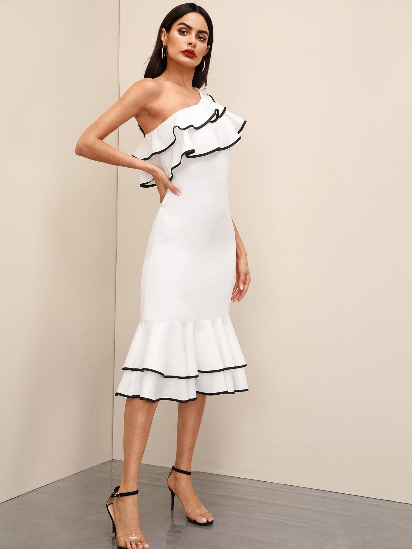 White One Shoulder Cap Sleeve Asymmetrical Neck Ruffle Layered Hem Dress