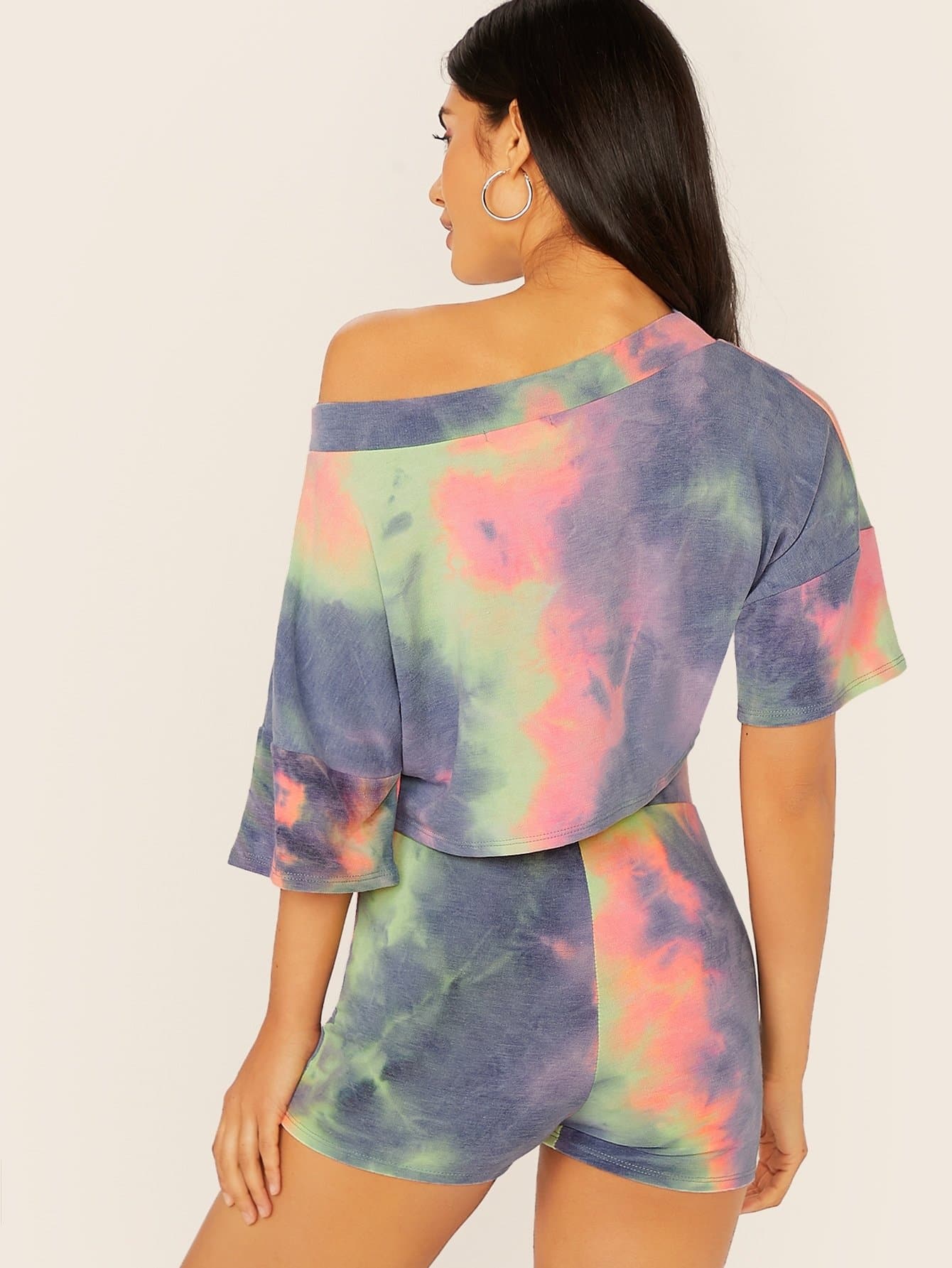 Half Sleeve Tie Dye Crop Sweatshirt And Sweatshorts Set