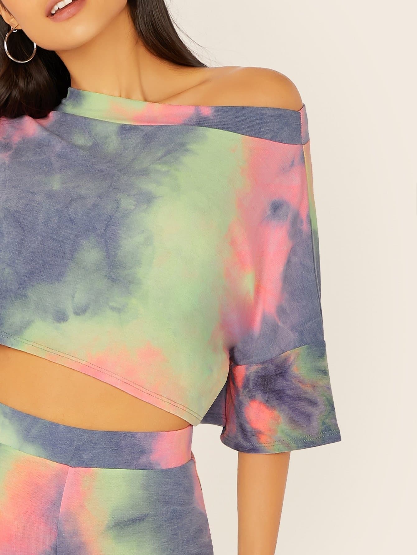 Half Sleeve Tie Dye Crop Sweatshirt And Sweatshorts Set