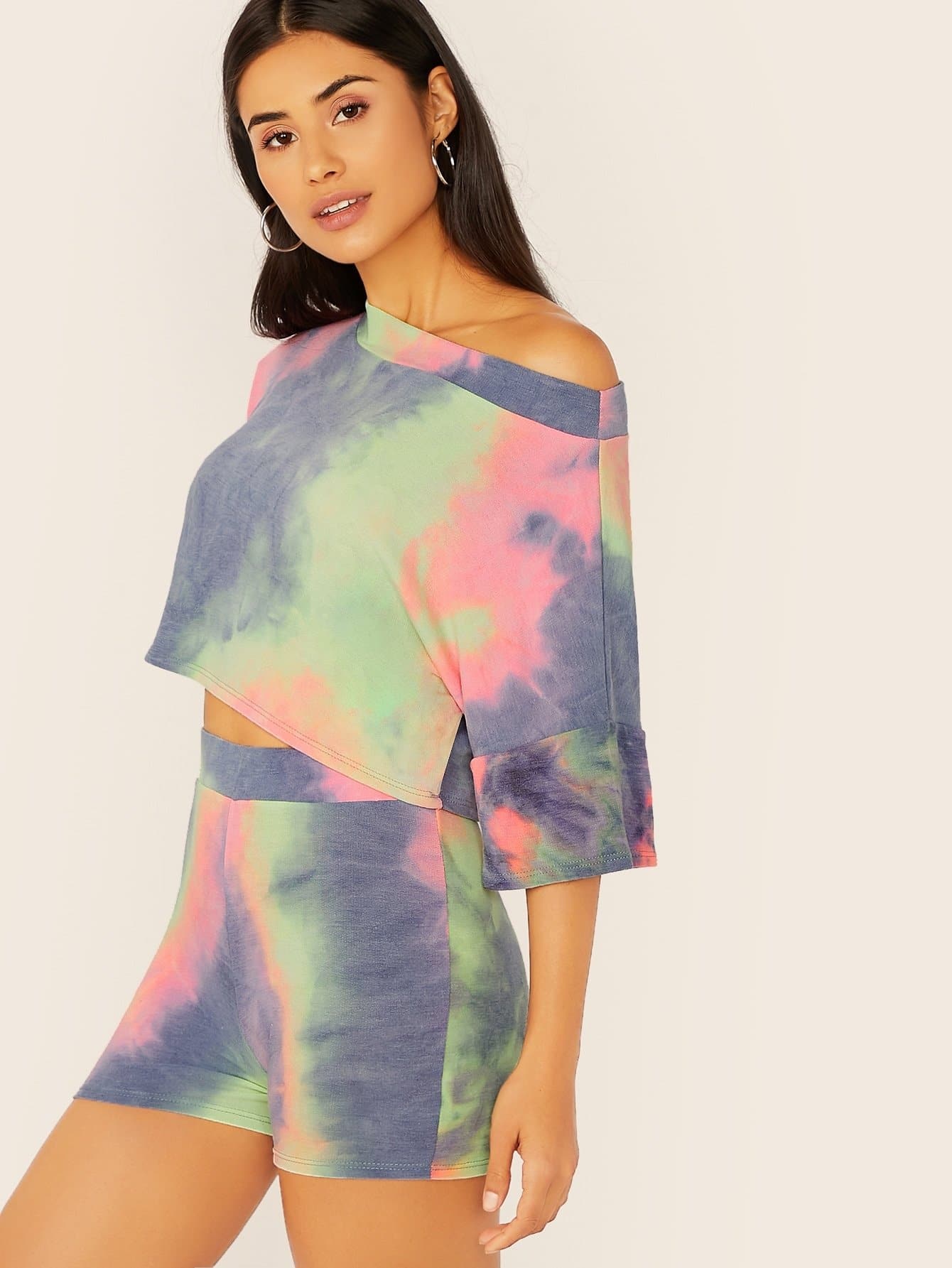 Half Sleeve Tie Dye Crop Sweatshirt And Sweatshorts Set