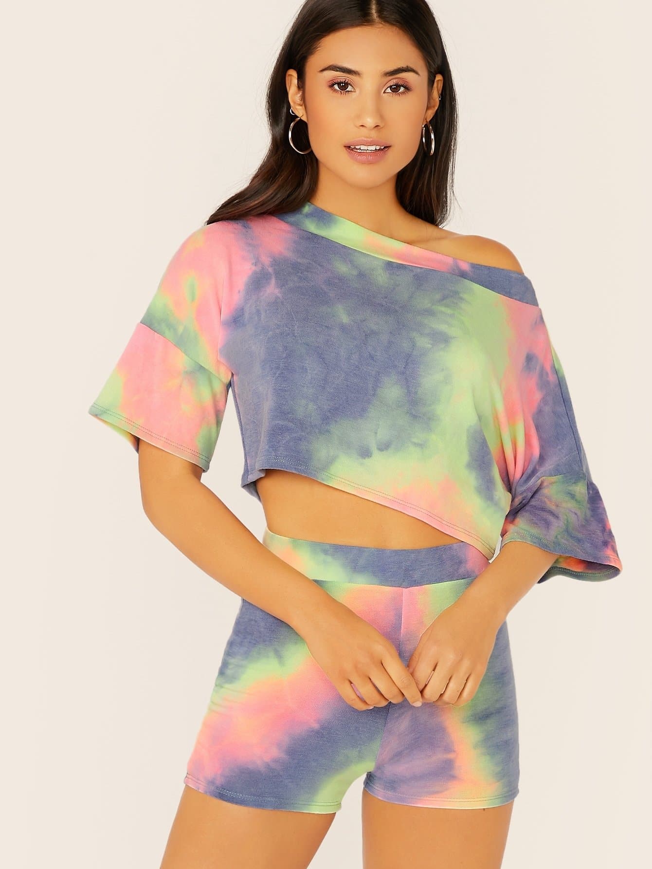 Half Sleeve Tie Dye Crop Sweatshirt And Sweatshorts Set