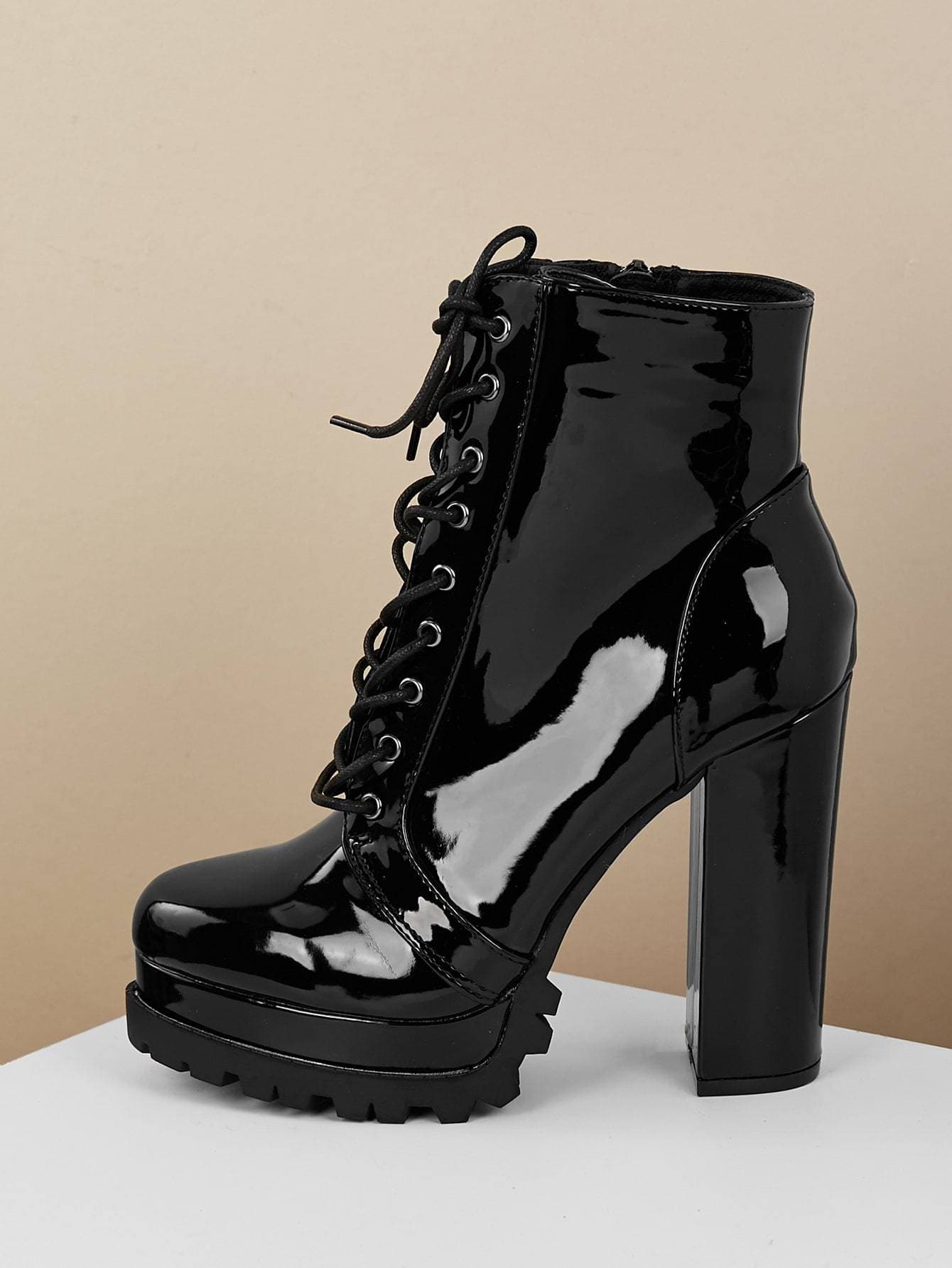 Almond Toe Lace Front Platform Lug Sole Patent Heeled Boots
